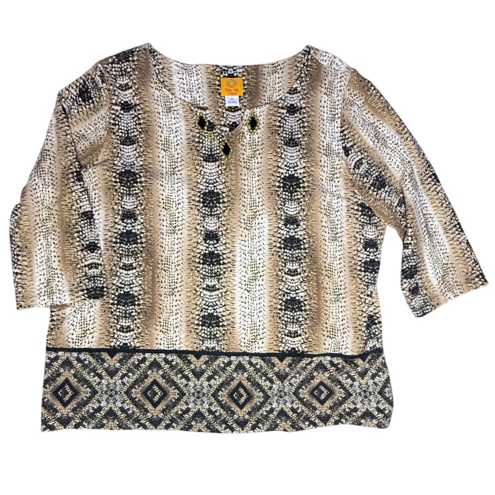 Ruby Rd Woman 1X Animal Print 3/4 Sleeve Embellished Blouse Snakeskin